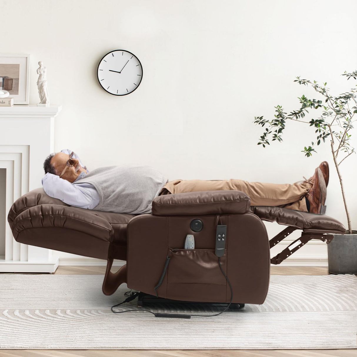 MEROUS Dual Motor Large Power Lift Recliner Chair for Elderly with Heat and Massage,Lay Flat Lift Chairs Recliners for Seniors Infinite Position,USB Ports&Remote, Genuine Leather (Brown) MEROUS