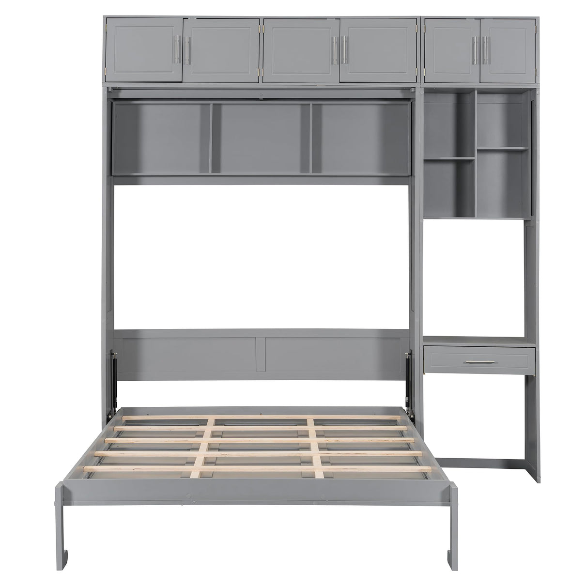 Queen Size Wall Murphy Bed with Desk, Top Cabinet and Storage Shelves, Space Saving Foldable Bed,Gray Harper & Bright Designs