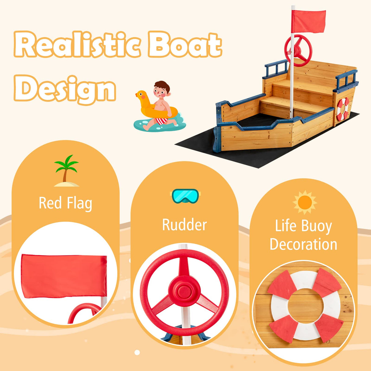 Costzon Pirate Boat Wood Sandbox for Kids, Wooden Pirate Sandpit w/Bench Seat, Storage Space, Ground Liner, Realistic Flag Rudder Buoy, Children Outdoor Playset for Backyard, Home, Lawn, Garden Costzon