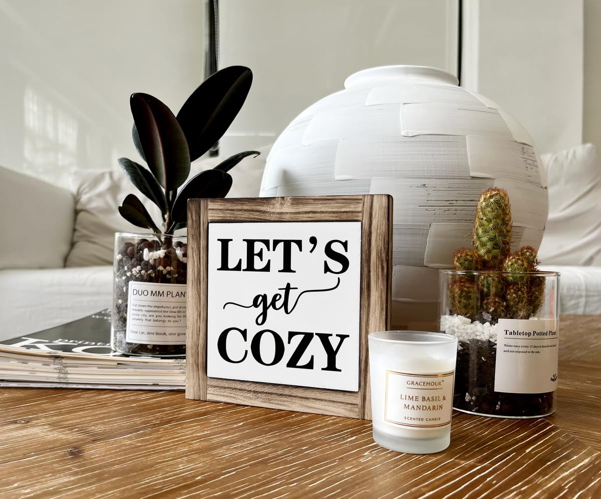 Inspirational Wood Signs, Box Wood Plaques Desk Décor, Farmhouse Home Decor Sign for Shelf, Family Table Decor for Kitchen Bedroom Dining Room, Living Room Decor, Housewarming Gift, Let's Get Cozy XJCUG