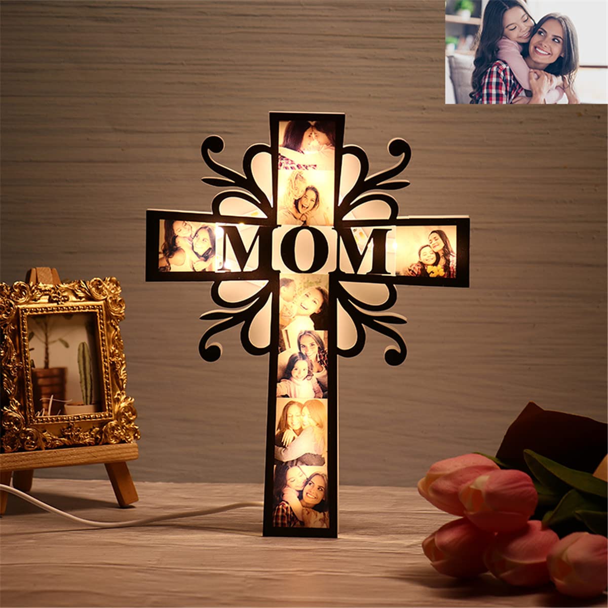 Custom Photo led Light up Cross Decoration, Personalized Acrylic Picture Night Lights Gifts for Dad Mom from Daughter Son Mother Day Father Day Mom Dad Gifts for Men Wife Husband Women CDON