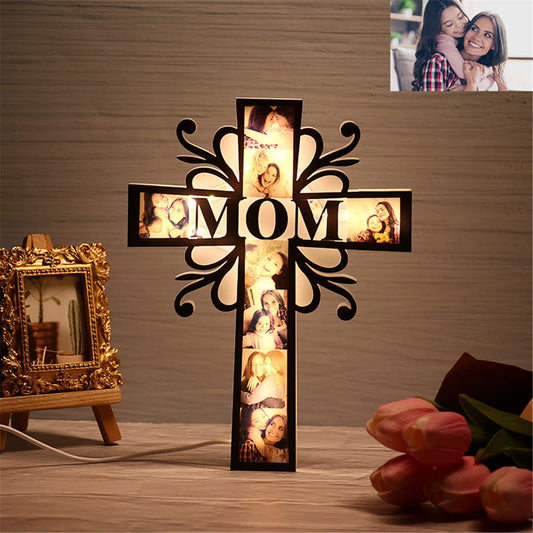 Custom Photo led Light up Cross Decoration, Personalized Acrylic Picture Night Lights Gifts for Dad Mom from Daughter Son Mother Day Father Day Mom Dad Gifts for Men Wife Husband Women - WoodArtSupply