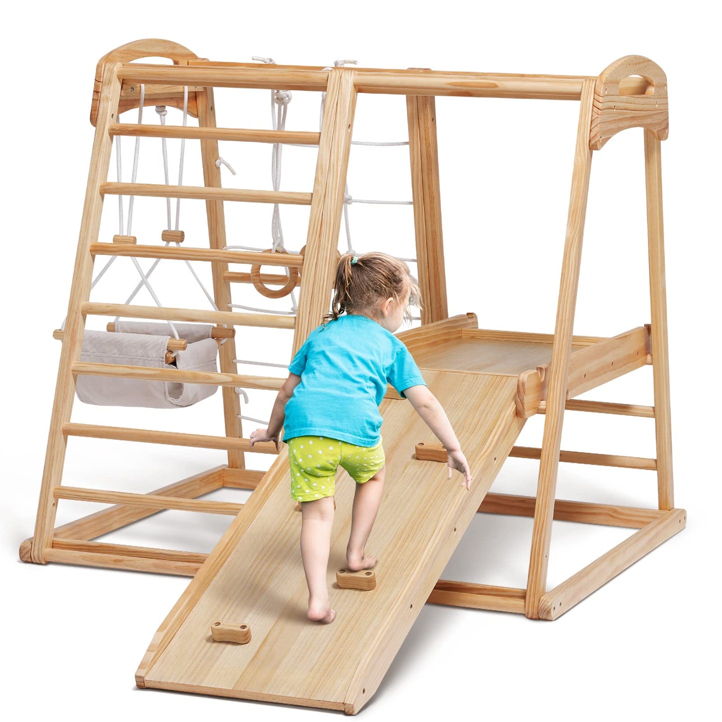 ECOMEX Indoor Jungle Gym for Toddlers 8 in 1 Indoor Playground Wooden Montessori Climber Playset with Slide Swing Climbing Net, Indoor Playground Climbing Toys for Toddlers - WoodArtSupply