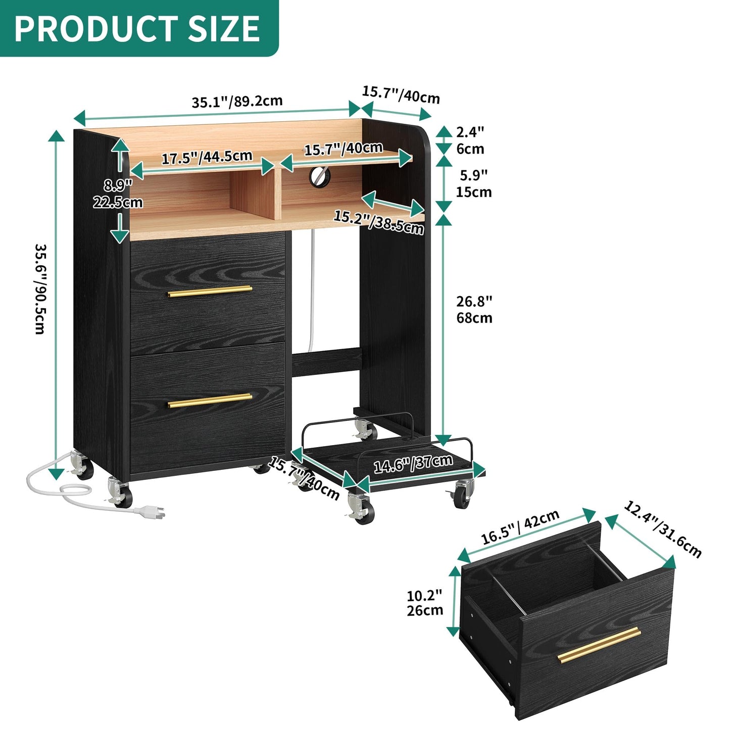 YITAHOME File Cabinet with Charging Station, Printer Table Cabinet for Home Office, Printer Stand Cart, Fits A4, Letter, Legal Size Files, Office Furniture, Black