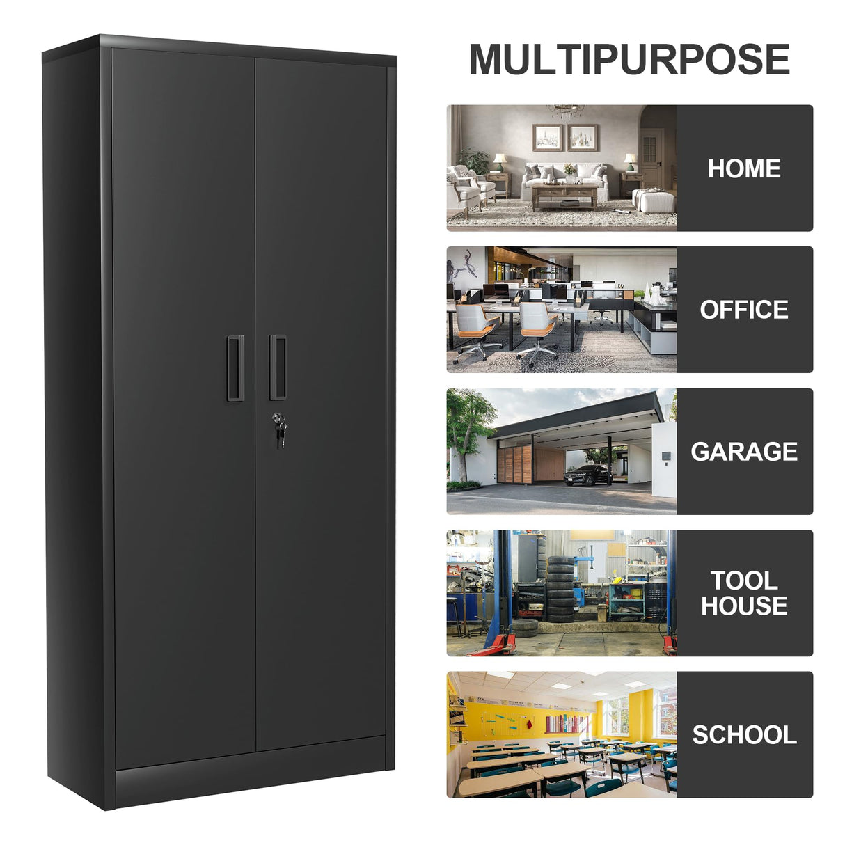 JUMMICO Metal Storage Cabinet with 2 Locking Doors and 4 Adjustable Shelves, 71" Tall Freestanding Utility Steel Storage Cabinet for Home Office, Pantry, Garage (Black, 16 x 32) JUMMICO