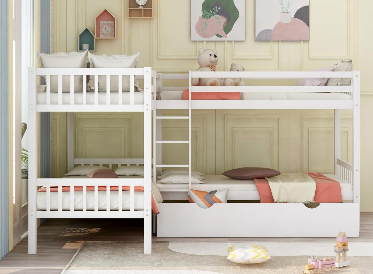 Merax Kids L-Shaped Bunk Bed Twin Over Twin with Drawers, Wood Low Floor Bunkbed Featuring Stairs Guardrail for Boys, Girls, Toddlers, No Box Spring Required, White Merax