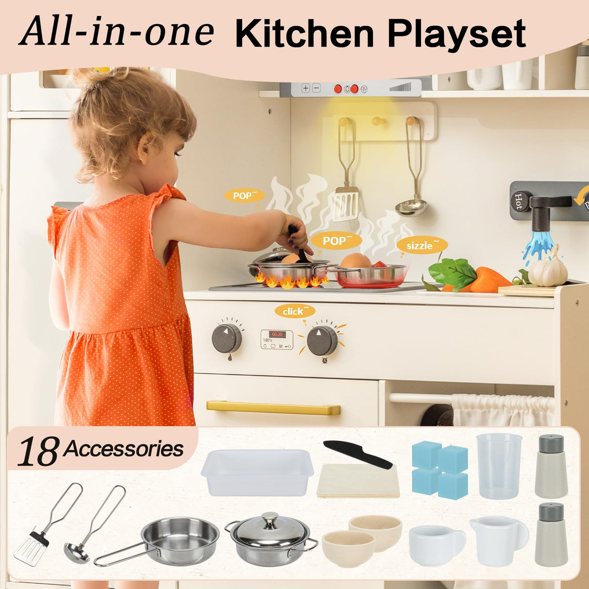 Kids Kitchen Playset, Realistic Wooden Kitchen Playset for Toddlers & Kids with Lights, Sounds & Storage, Ideal Gift for Boys & Girls deli