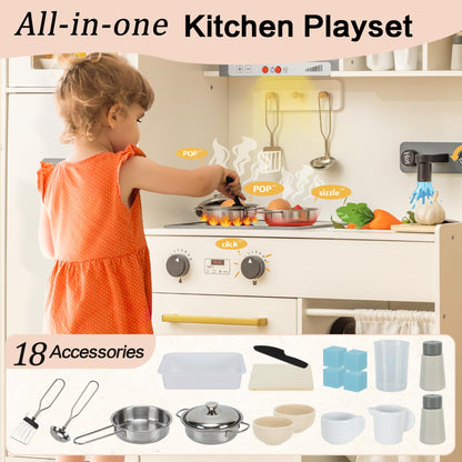 Kids Kitchen Playset, Realistic Wooden Kitchen Playset for Toddlers & Kids with Lights, Sounds & Storage, Ideal Gift for Boys & Girls