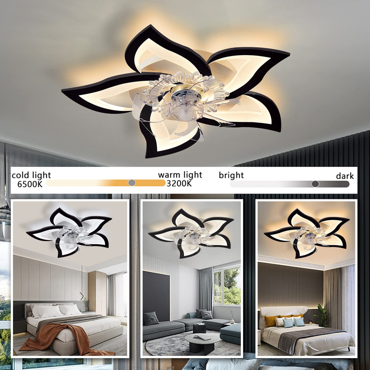 Bevenus Low Profile Ceiling Fans with Lights,27.2” Black Modern Dimmable Flower Shape Ceiling Light Fan with Remote Control/app Control,Timing 6 Gear Speeds Fan Ceiling Lamp. Bevenus