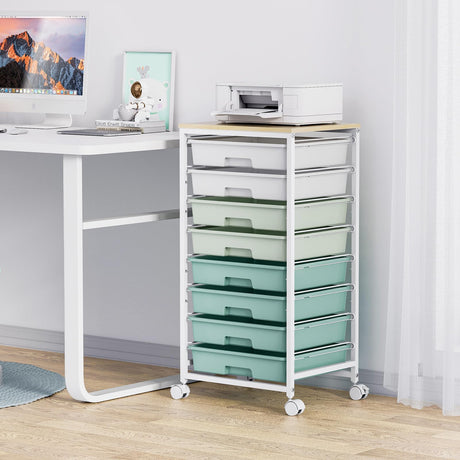 Rolling Storage Utility Cart Organizers with 8 Drawers and Wooden Tabletop for Living Room,Office,Classroom,Craft Room,Bedroom,Dorm,Green SYKIARIOL