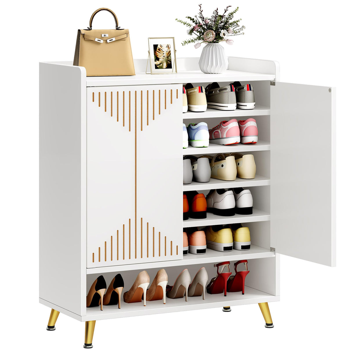 YITAHOME Shoe Cabinets,5-Tier White Shoe Storage Cabinet with Doors Modern Freestanding Wood Shoe Organizer Cabinet for Living Room Bedroom Hallway, Entryway, White&Gold YITAHOME