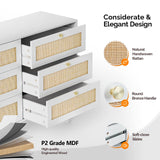 VINGLI Rattan Dresser, 6 Drawer Dresser for Bedroom, Modern Dresser with Gold Handles, Long Dresser with Large Drawers, Boho Dresser TV Stand, Wood Chest of Drawers for Kids Room, Living Room (White) VINGLI