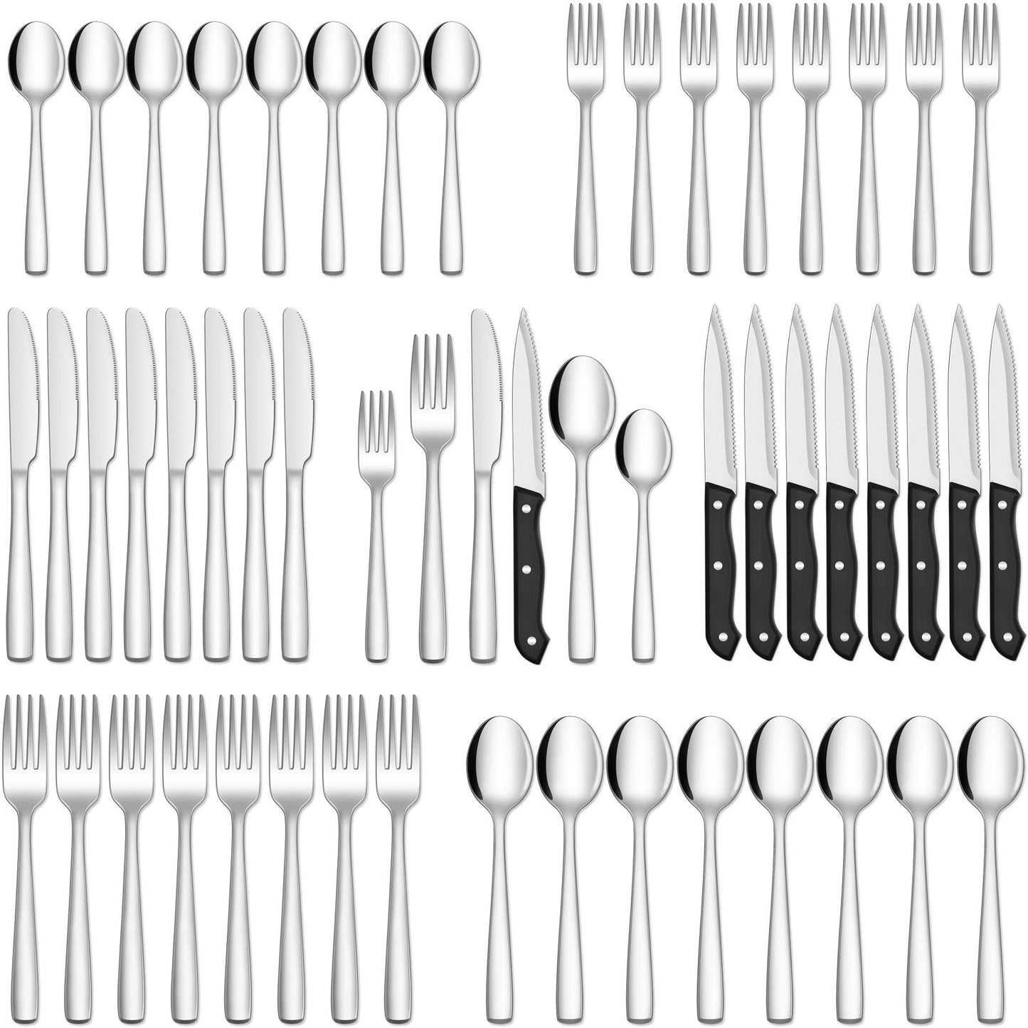 HIWARE 48-Piece Silverware Set with Steak Knives for 8, 18/8 Stainless Steel Flatware Cutlery Set For Home Kitchen Restaurant Hotel, Kitchen Utensils Set, Mirror Polished, Dishwasher Safe