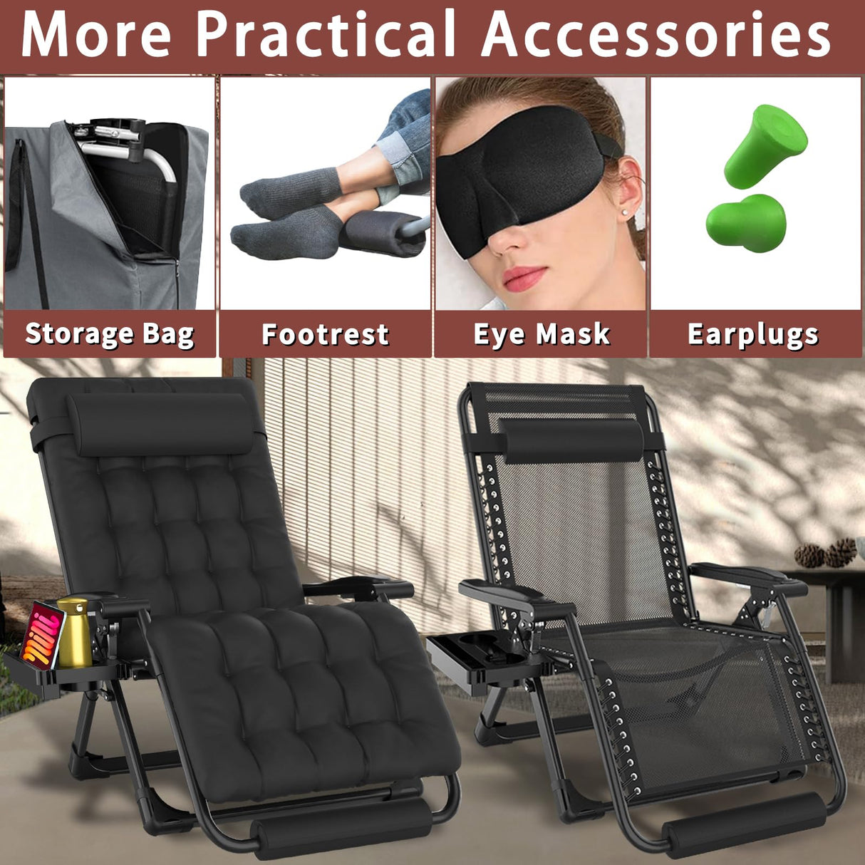 Oversized Zero Gravity Chair with Cushion XXL, 33In Padded Lounge Chair, Recliner Camping Chair W/Full-Alu Alloy Lock, Cushion, Storage Bag, Footrest, Cup Holder, Folding Chair Support 500lbs, Black YOMIFUN