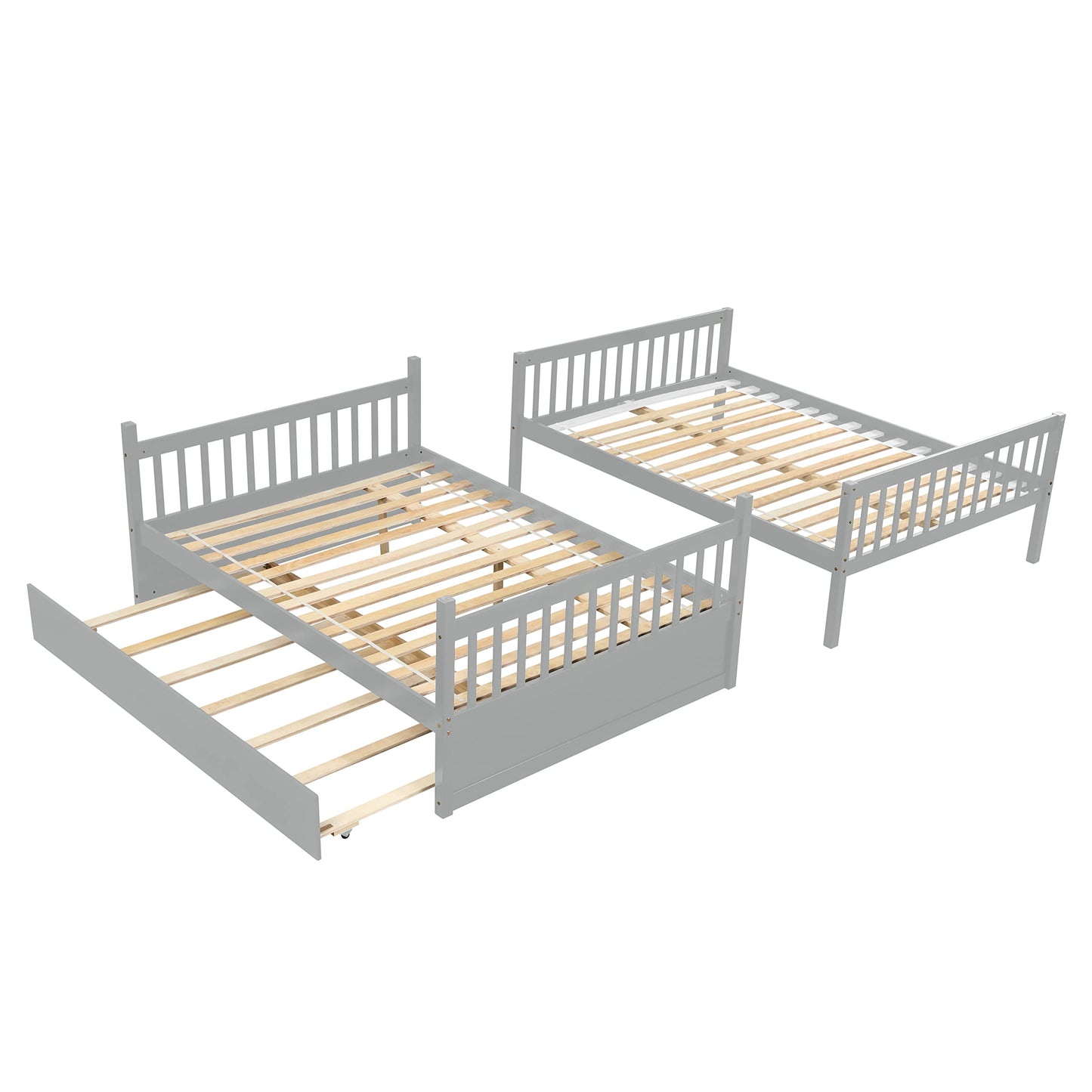 UOCFYK Full Over Full Wood Bunk Bed with Trundle for Kids Boys Girls,Solid Wood Bedframe w/Ladder & Safety Guardrails, Convertible into Twin Size Beds,No Box Spring Needed, Grey