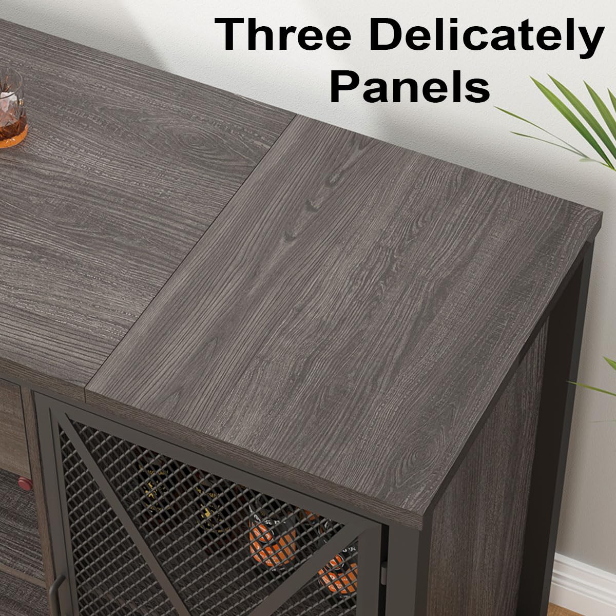 LVB Long Bar Cabinet with Fridge Space, Farmhouse Big Liquor Cabinet with Drawer Storage, Rustic Wood Metal Large Wine Cabinet with Rack, Modern Sideboard Buffet for Kitchen Dining Room, Gray, 70 Inch LVB