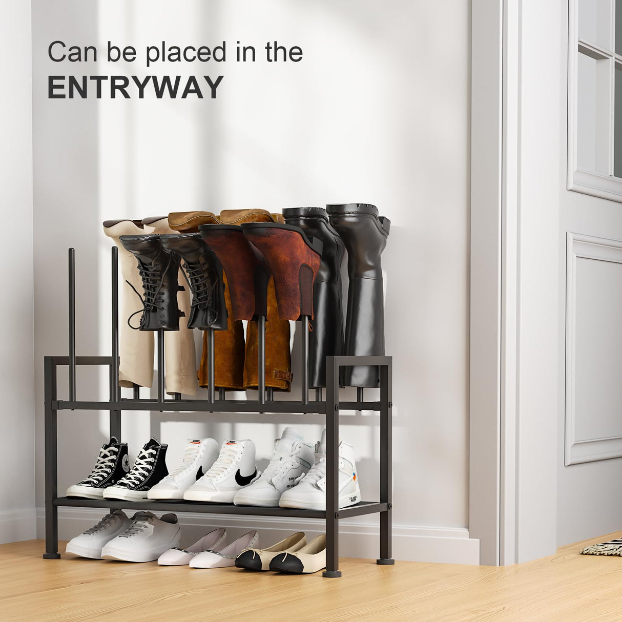 DIMJ Free Standing Shoe Racks - 3-Tier Boot Rack, Black Metal Storage Organizer for Tall Boots, Sneakers, Closet Organizer, Multiuse Shoe Rack, Fits 6 Pairs DIMJ