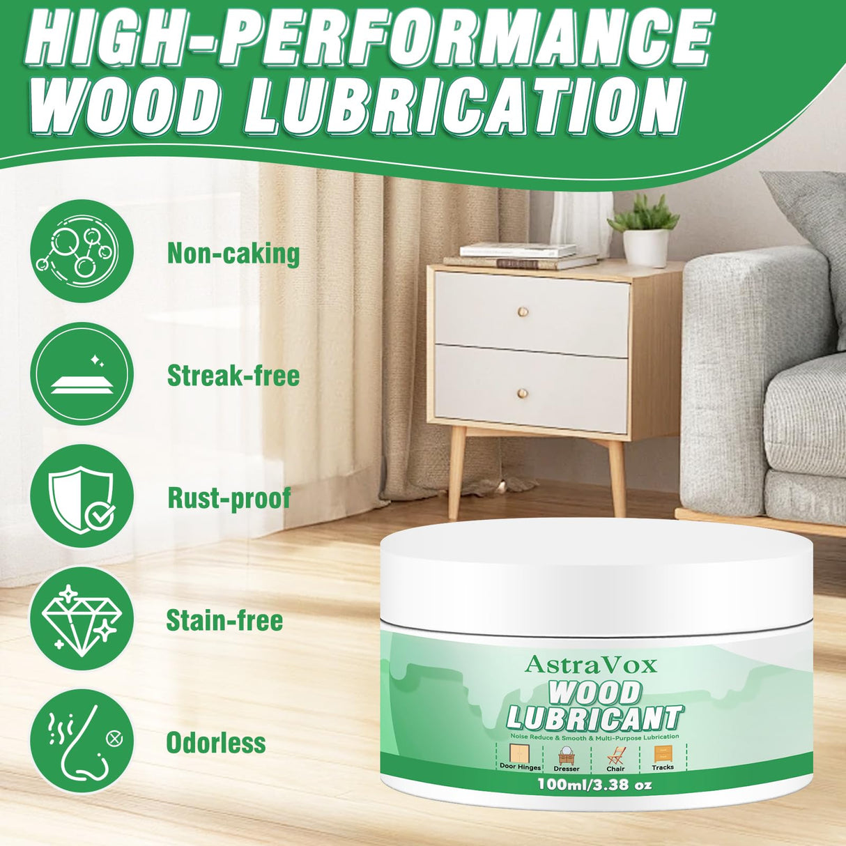 AstraVox Wood Lubricant Wax for Furniture, Multi-Purpose Sliding Door Hinge Lubricant Grease to Lubricate and Reduce Noise, Paste Wax for Wood Drawer, Floor, Dresser, Cabinet, Guitar(3.38 Oz) AstraVox