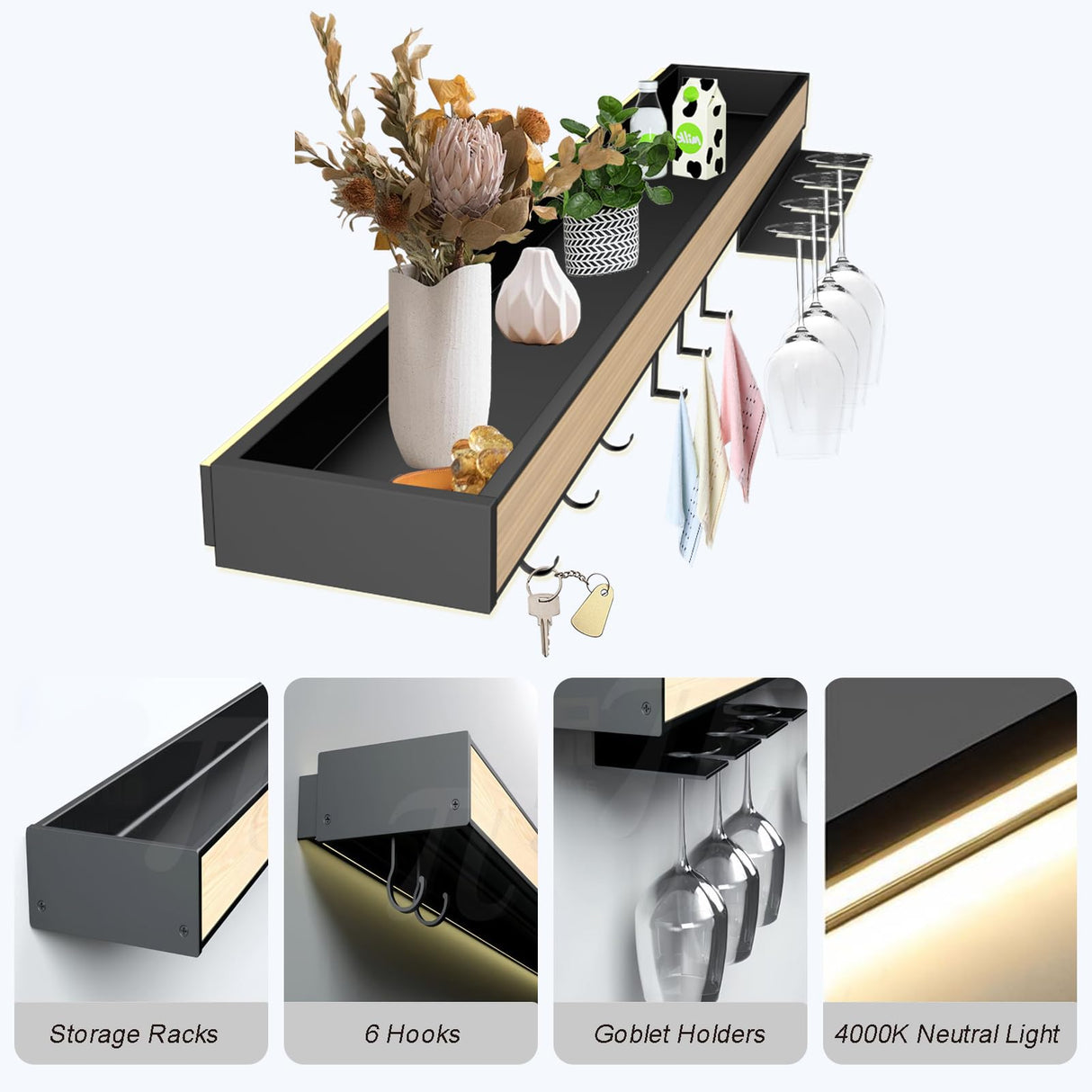 Floating Display Shelf with LED Light, 39 Inch Wall Mounted Wine Rack, Bar Unit Floating Shelves with 4 Wine Glass Holder, Light-Emitting Storage Display Stand for Entrance Kitchen Dining Room SLVUAFRN