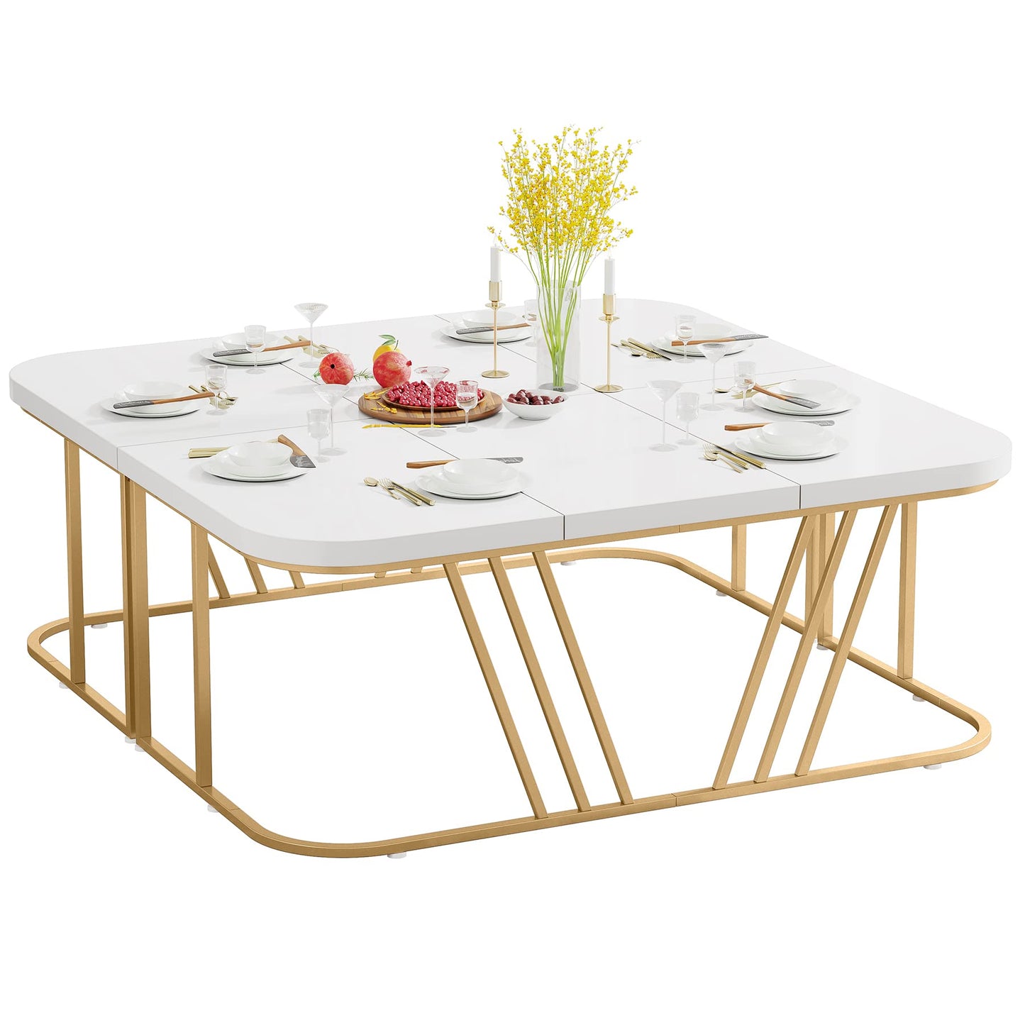 Tribesigns Large Square Dining Table for 8-10 People, Modern 63L X 63W X 29.5H inches Wooden Kitchen Table Dining Room Table, White & Gold, 2 Separate Tables - WoodArtSupply