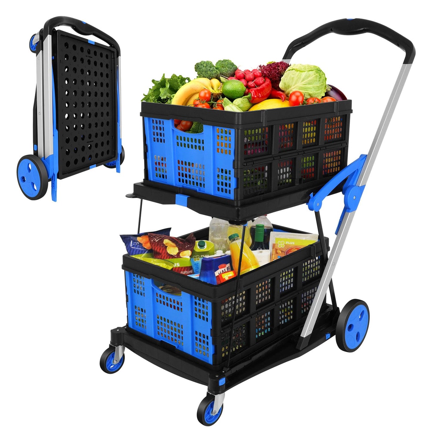 Multifunctional Folding Cart with Wheels,Two Layers Collapsible Utility Cart for Groceries,Office,Warehouse,Supermarket, Double Layer Foldable Shopping Cart(Blue),Collapsible Handcart Heavy Duty