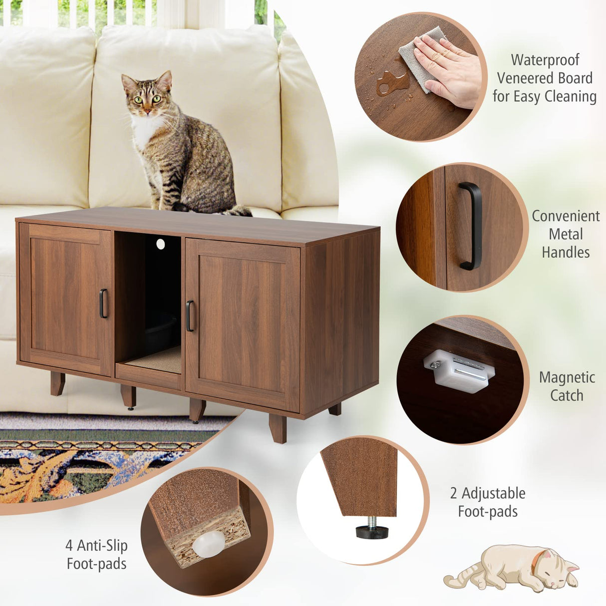 PETSITE Cat Litter Box Enclosure Furniture for 2 Cats, Large Litter Box Cabinet with Scratching Board, and Adjustable Foot Pads, Indoor Cat House TV Stand Side Table, Double Hidden Litter Box PETSITE