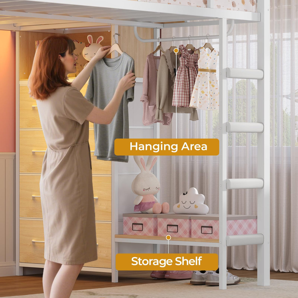 ADORNEVE Full Over Twin Bunk Bed with 8 Storage Drawers, Metal Loft Bed with Led Lights & Storage Shelves, Bunk Beds Twin over Full Size with 13.4" H Safety Guardrail & Ladder, for Kids & Teens, White ADORNEVE