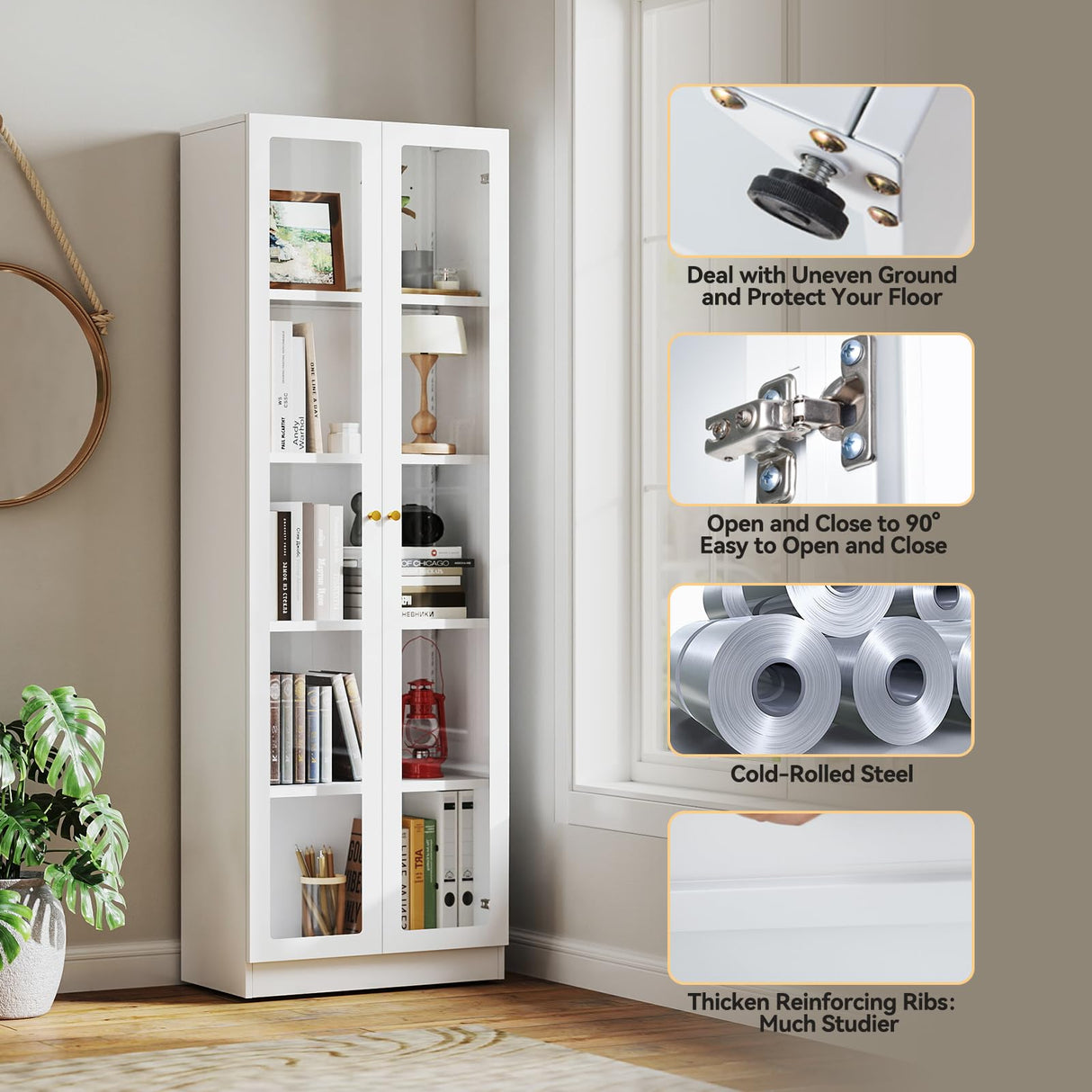 IRONMIX White Bookcase with Doors, 5 Tier Bookshelf, Tall Bookshelf with Storage, Modern Display Cases for Collectibles, 70.87" Display Cabinet with Doors Curio Cabinet for Home Office Library IRONMIX