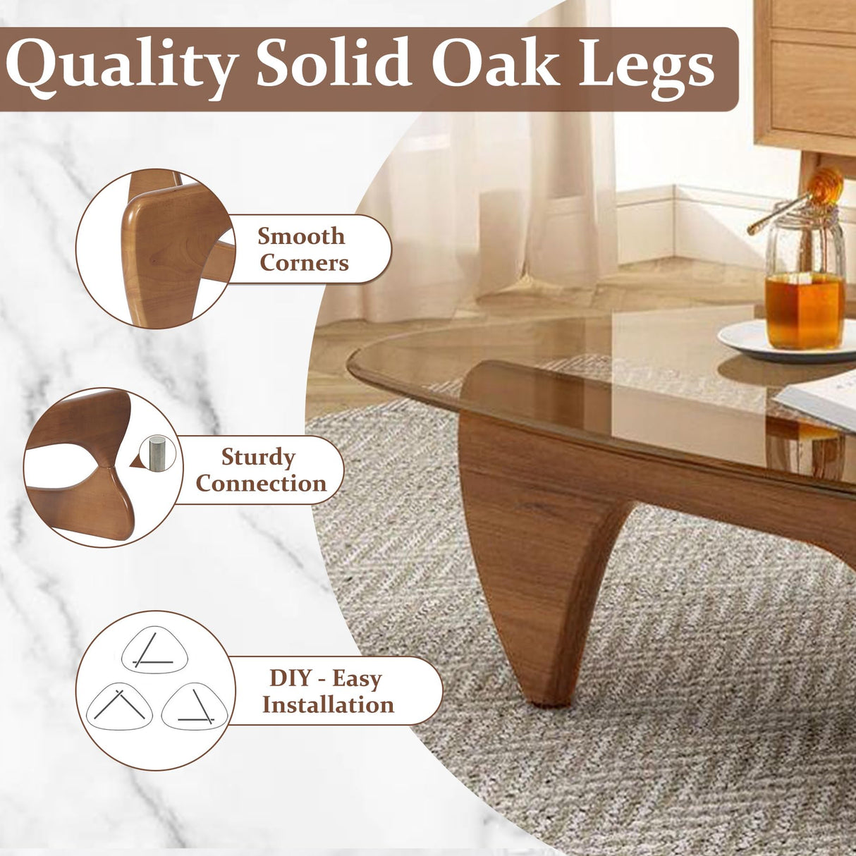 Mid-Century Modern Coffee Table - Triangle Glass Top Natural Wood Base Triangle Coffee Table for Living Room Patio Office Abstract End Tables (Walnut/Brown, Large 45 * 32.3 * 15.7) PRITIY