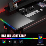 GTRACING Gaming Desk 55 Inch with LED Lights, Large Computer Desk with Mouse Pad for Home Office, T-Shaped Carbon Fibre Surface PC Game Workstations with Headphone Hook, Black GTRACING