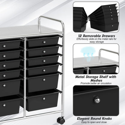 COSTWAY 12-Drawer Rolling Storage Cart, Moveable Art Craft Organizer W/Lockable Wheels, Metal Shelf, Files Arrangement Tools Makeup Storage Cart for Office, Home, School (Black) - WoodArtSupply