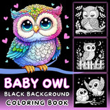 Baby Owl Black Background Coloring Book: 50 Bold and Easy coloring pages featuring these birds as cute forest animals with details of flowers, leaves and hearts for adults and kids. Majosta