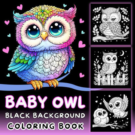 Baby Owl Black Background Coloring Book: 50 Bold and Easy coloring pages featuring these birds as cute forest animals with details of flowers, leaves and hearts for adults and kids. Majosta
