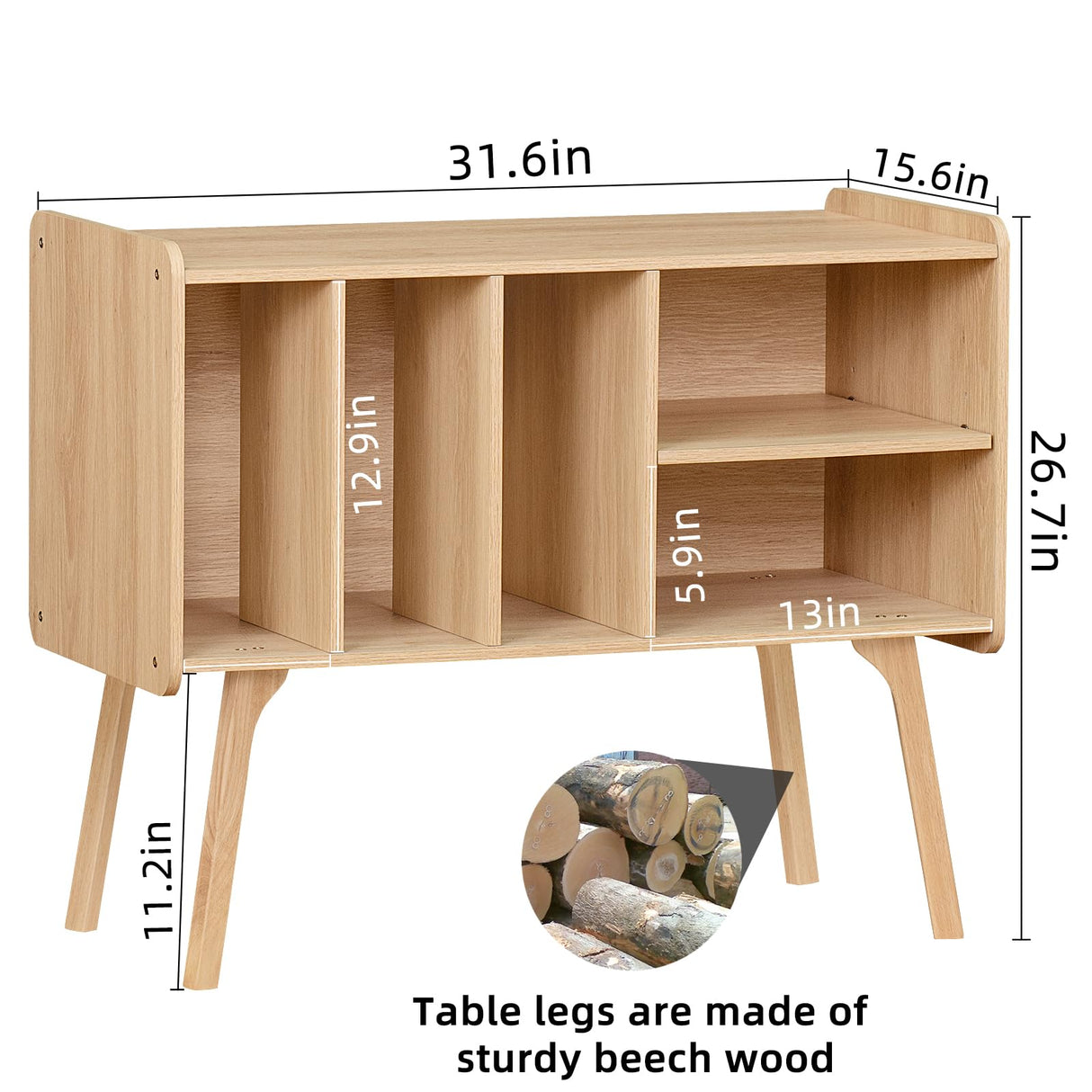 Lerliuo Record Player Stand with 4 Cabinet Holds Up to 220 Albums, Large Stand with Beech Wood Legs, Mid-Century Record Player Table,Burlywood Vinyl Holder Storage Shelf for Living Room Lerliuo