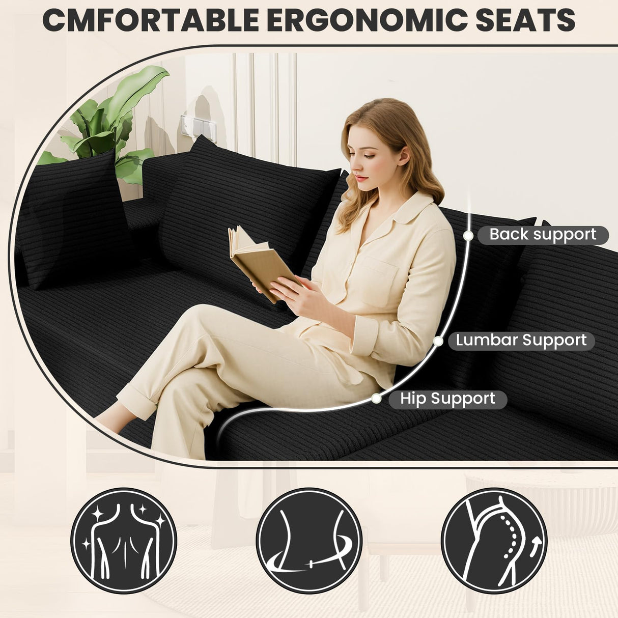 LEVELEVE 106" Cloud Sectional Couch with Deep Seat，Modern Modular Sofa with L-Shape Chaise，No Assembly Required, Upholstered Couches for Living Room Bedroom(Black,Right Facing Chaise) LEVELEVE