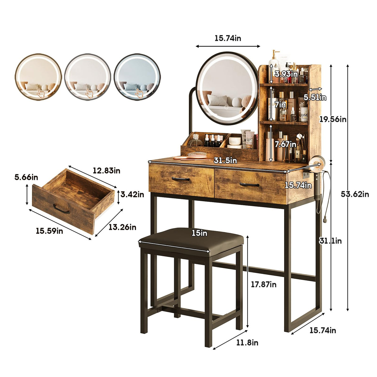 Makeup Vanity Desk with Round Mirror and Lights, White Vanity Makeup Table with 2 Drawers, Small Vanity Table for Bedroom with Lots Storage (Brown and Black, 15.75 * 31.5 * 53.6in) Vabches