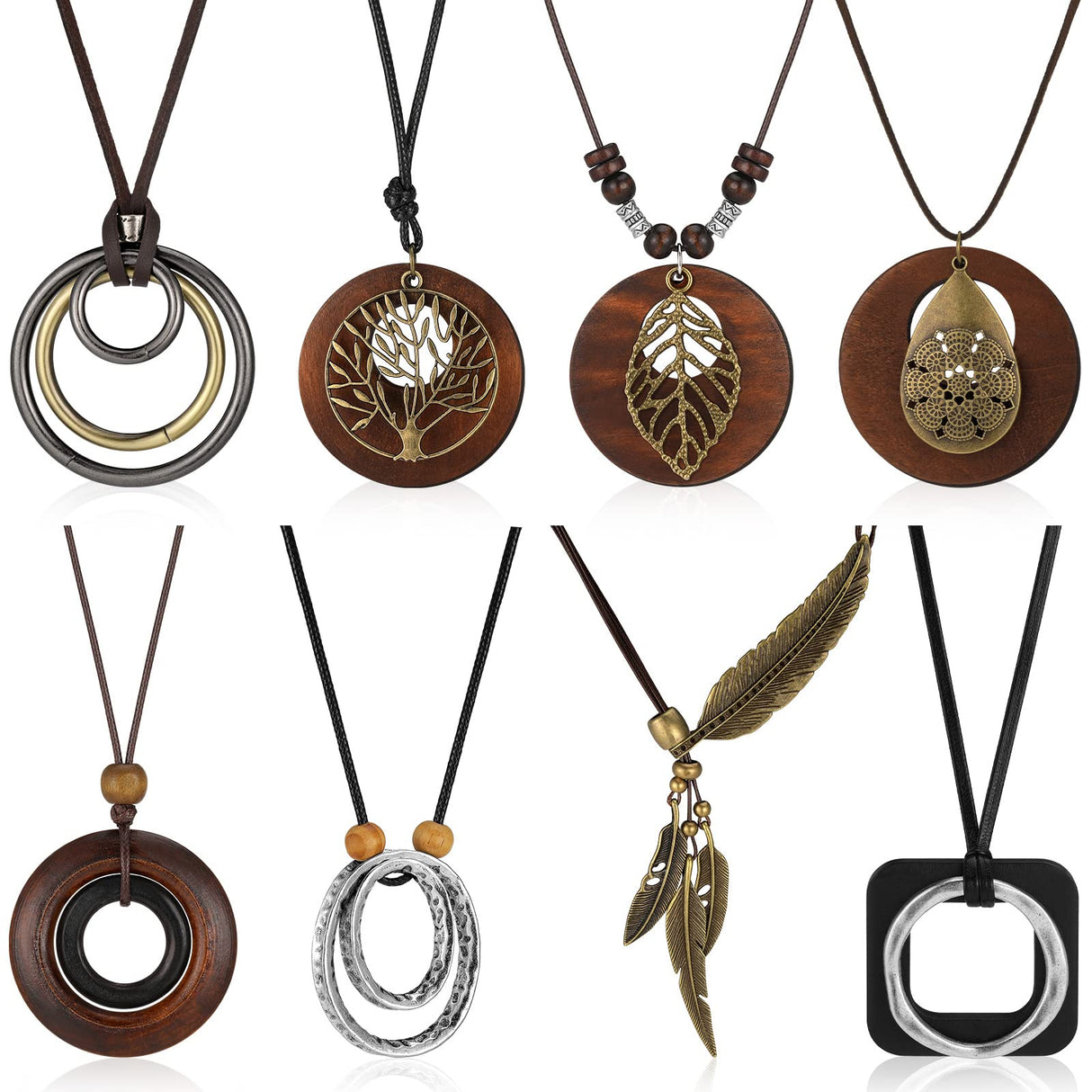 Huquary 8 Pcs Boho Necklaces for Women Boho Jewelry for Women Long Wooden Pendant Choker Necklaces Brown Faux Leather Cord Sweater Jewelry Feather for Women Men Huquary