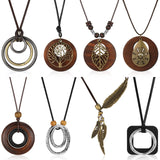 Huquary 8 Pcs Boho Necklaces for Women Boho Jewelry for Women Long Wooden Pendant Choker Necklaces Brown Faux Leather Cord Sweater Jewelry Feather for Women Men Huquary