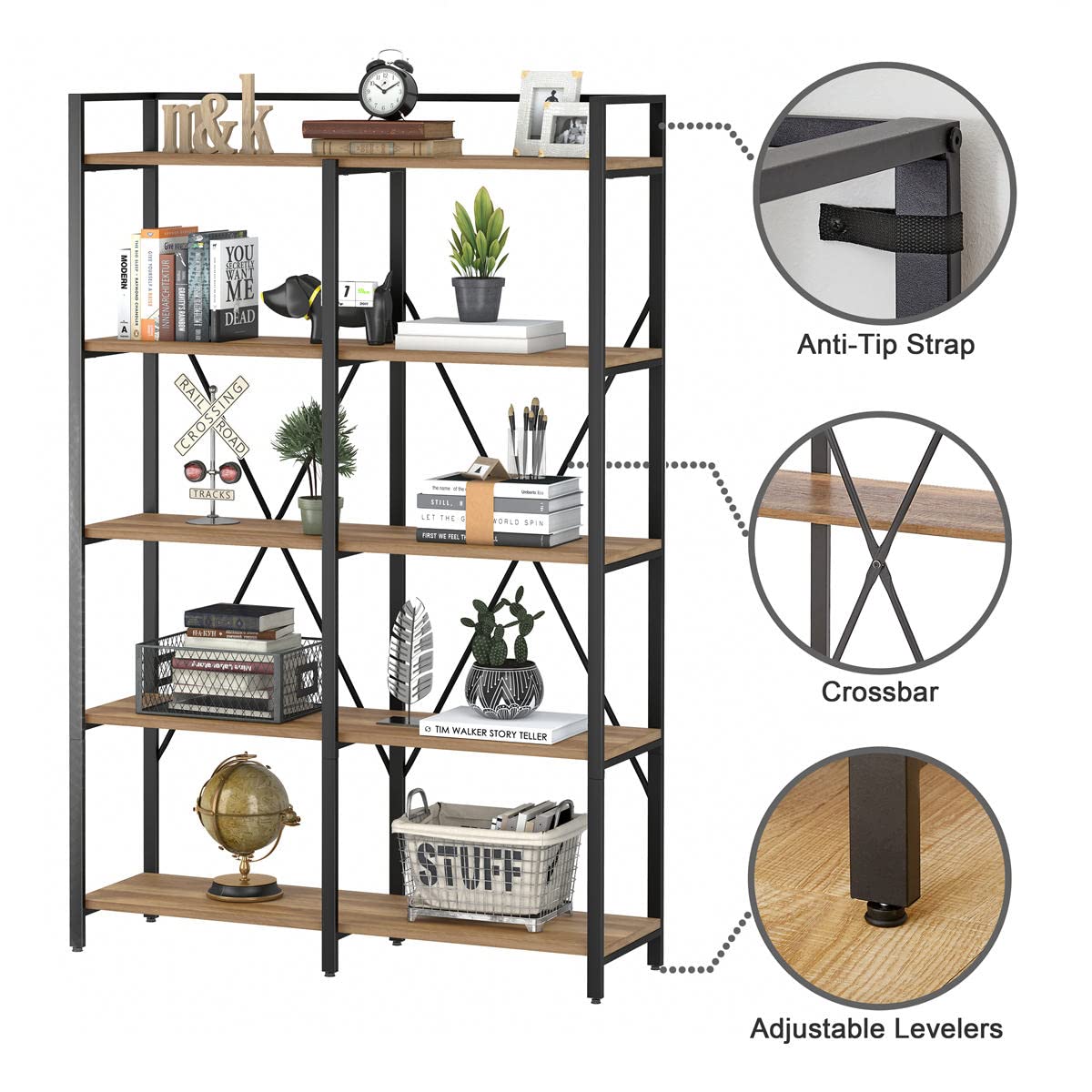 BON AUGURE 5-Tier Vintage Oak Industrial Bookshelf - Heavy Duty Etagere Shelving Unit for Home & Office BON AUGURE