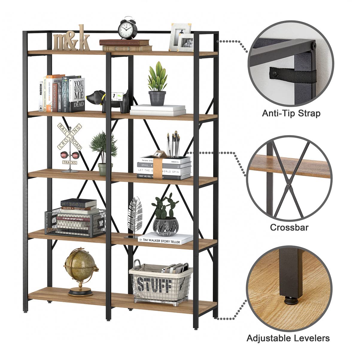 BON AUGURE 5-Tier Vintage Oak Industrial Bookshelf - Heavy Duty Etagere Shelving Unit for Home & Office - WoodArtSupply