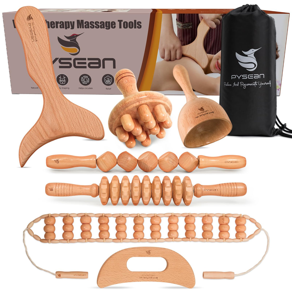 PYSEAN 7-in-1 Wood Therapy Massage Kit Helps You Eliminate Cellulite, Perform Lymphatic Drainage, Relax Your Muscles, Relieve Muscle Pain, and Sculpt Your Body into a Beautiful Shape PYSEAN