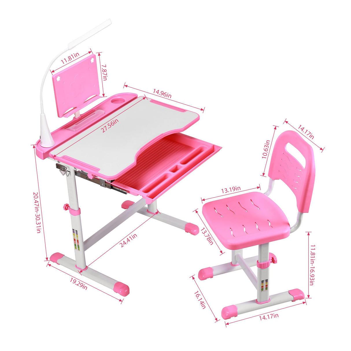 UNICOO Kids Study Table and Chair Set, Height Adjustable Kids Art Desk, Ergonomic Study Desk for Kids, with Premium Quality LED Lamp, Tilt Desktop, Pull Out Drawer Storage (Pink) UNICOO