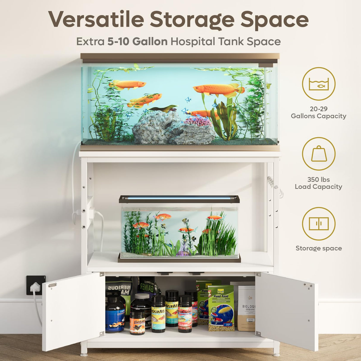 Bestier 20-29 Gallon Fish Tank Stand with Power Outlets, Metal Long Aquarium Stand with Storage Cabinet, 31x15 Reptile Terrarium Stand with Horizontal Gold Line, Stainless Hooks, 350 Lbs(White) Bestier