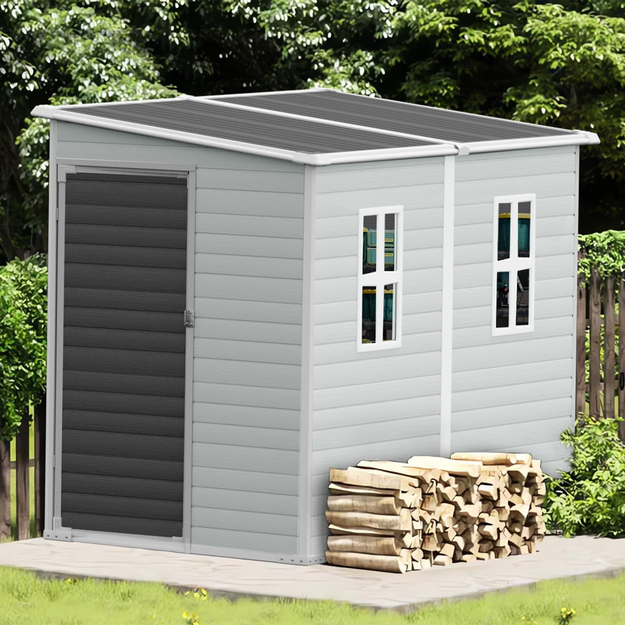 CDCASA 4x8 FT Resin Lean to Shed, Waterproof Outdoor Storage Shed with Floor, Plastic Tool Shed for Outside, Backyard, Patio, Poolside, Bike, Grey CDCASA