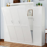 Ball & Cast Queen Size Murphy Bed with Two Wardrobe and Storage Shelf, Wall Bed Frame Folding into Cabinet Design,Multifunctional Foldable Platform Bed for Small Space,Bedroom,Guest Room, White Ball & Cast