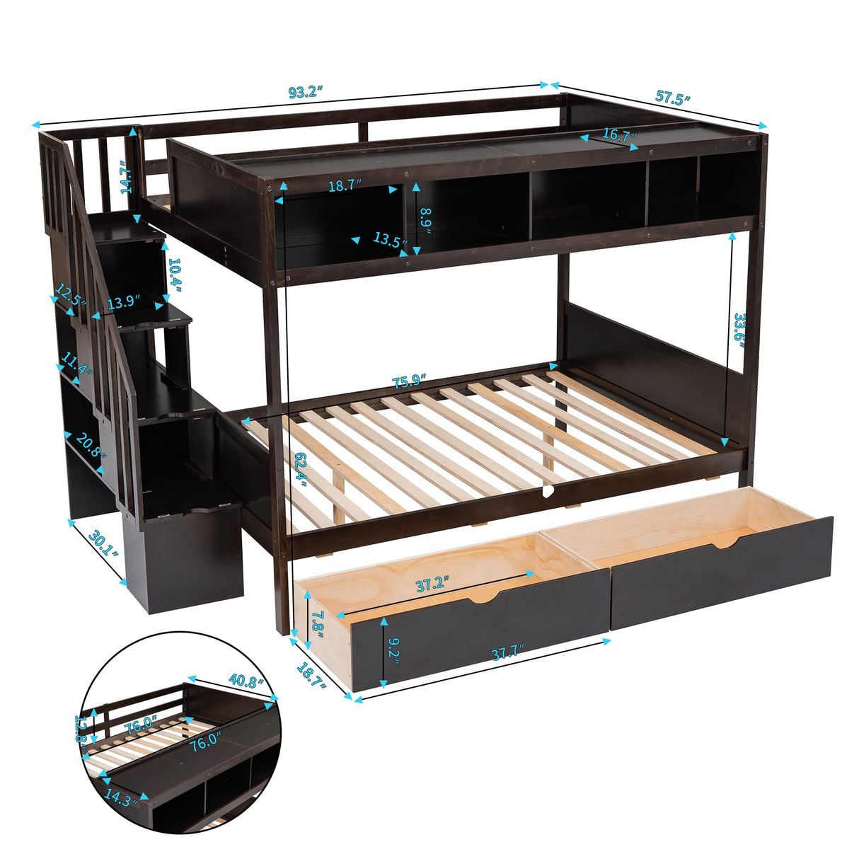 Merax Twin Over Full Bunk Bed with Storage Drawers and Shelf, Bunk Beds Twin Over Full with Storage Staircase, Wood Slat Support, No Box Spring Needed, Espresso Merax