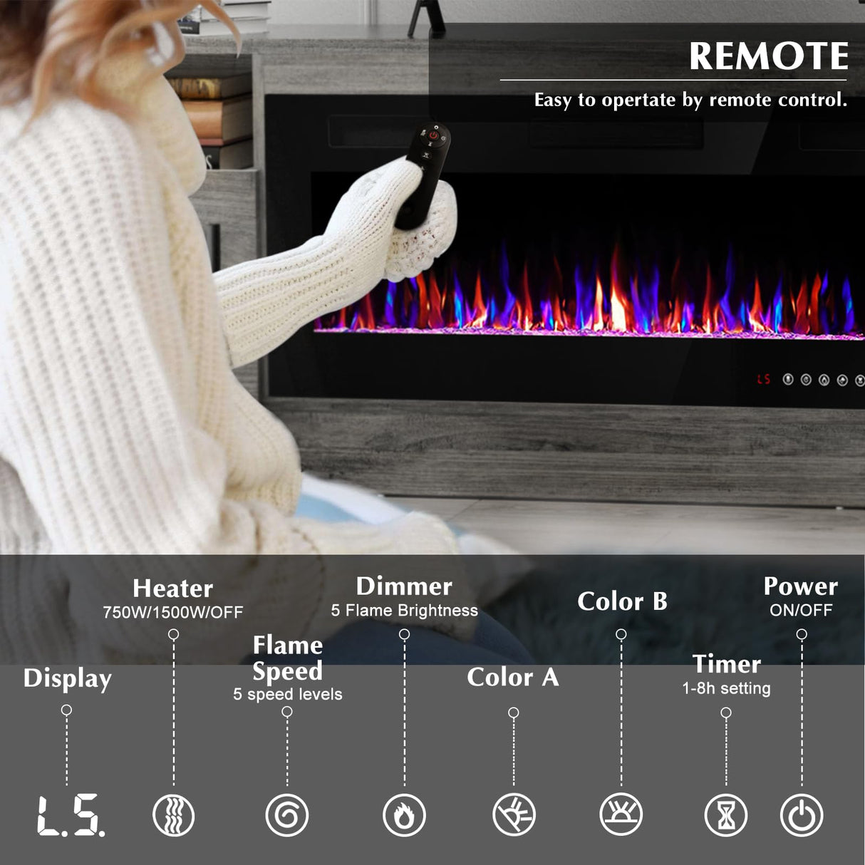 LEMBERI Fireplace tv Stand with 36 inch Fireplace Up to 80" TVs,LED Light Entertainment Center and Storage, 70" Modern Wood Media TV Console with Highlight Cabinet for Living Room (Gray) LEMBERI