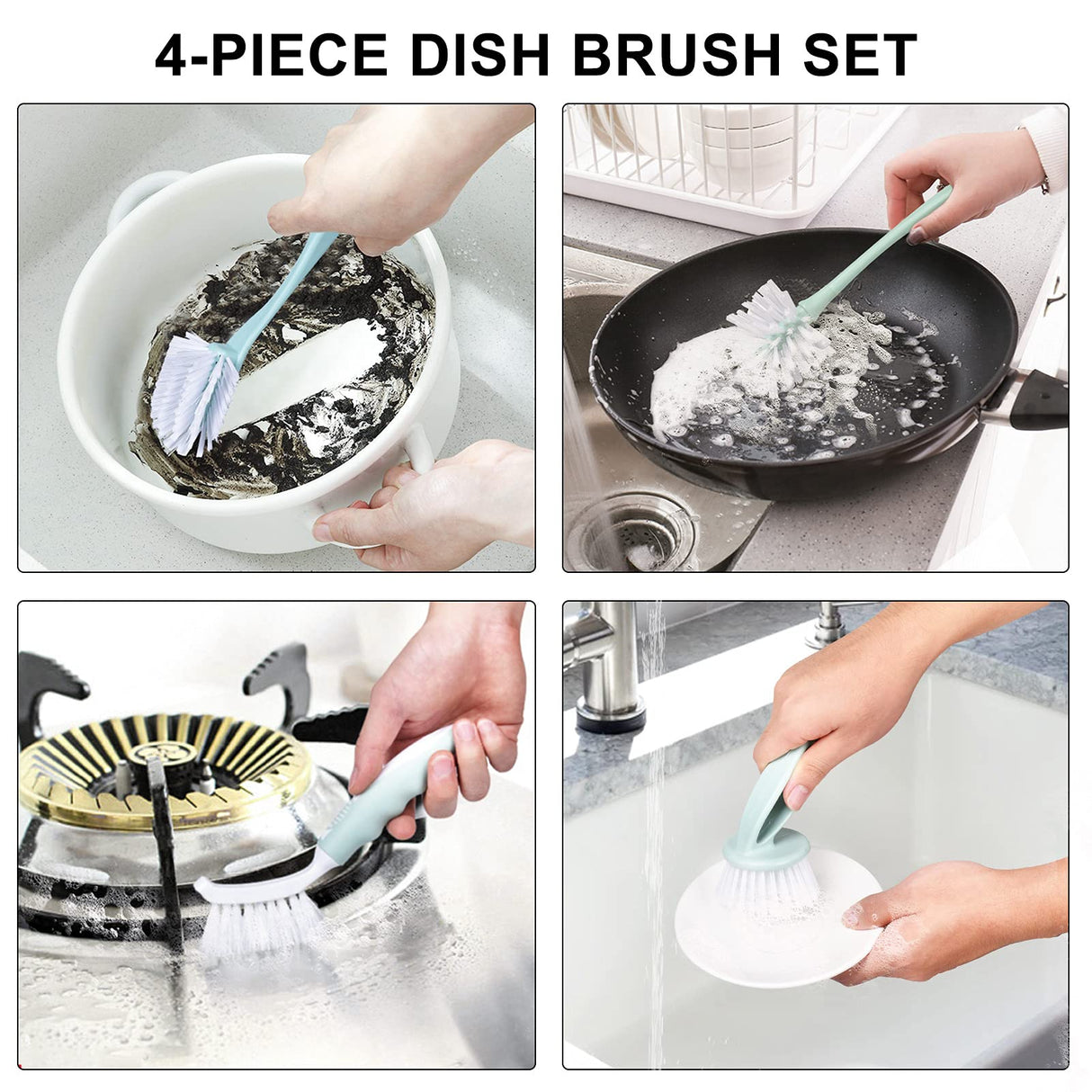 Perastra Dish Brush with Handle, Kitchen Dish Scrub Brush Set, 4-Piece Kitchen Cleaning Brush Set for Pots and Bottles, Nordic Green Perastra