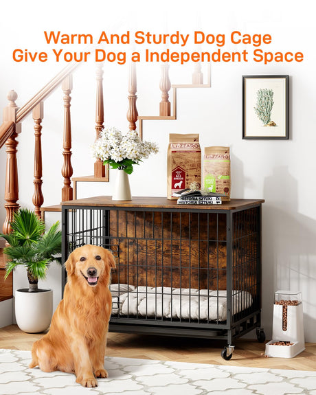 Dog Crate Furniture, 2024 New Furniture Style Dog Crate with Removable Tray and Wheels, Heavy-Duty Double-Doors Dog Cage End Table, 32.5" Wooden Dog Kennel, Indoor Dog House for Large Dogs, Brown GAOMON