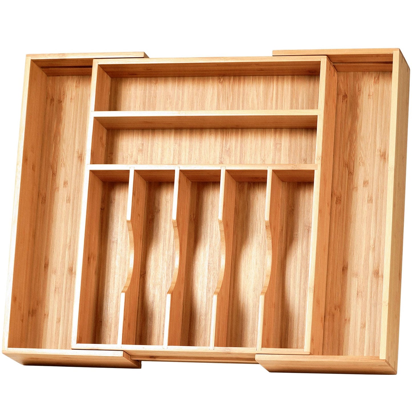 Umilife Large Expandable Kitchen Siverware Utensils Drawer Organizer, 2.5" Extra High Adjustable Drawer Divider with Curved Grooves, Bamboo Wood Cutlery Tray Flatware Holder